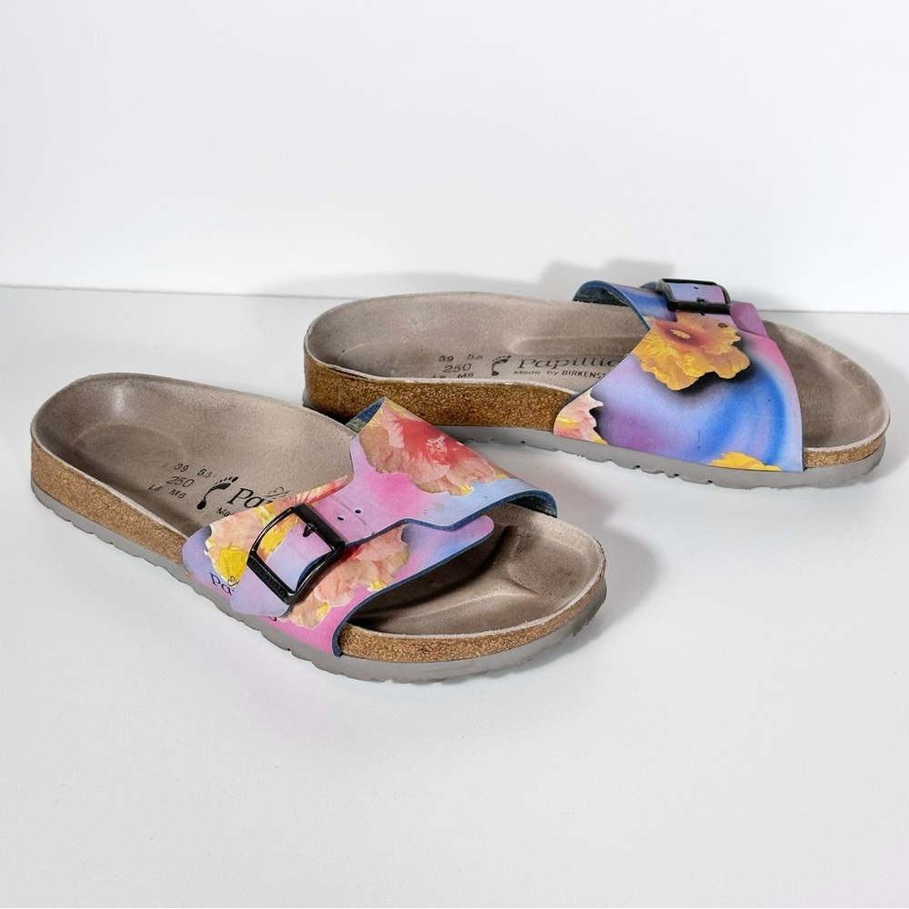 Birkenstock Floral Gradient Single-Buckle Slide Sandals in Pink Blue Yellow
